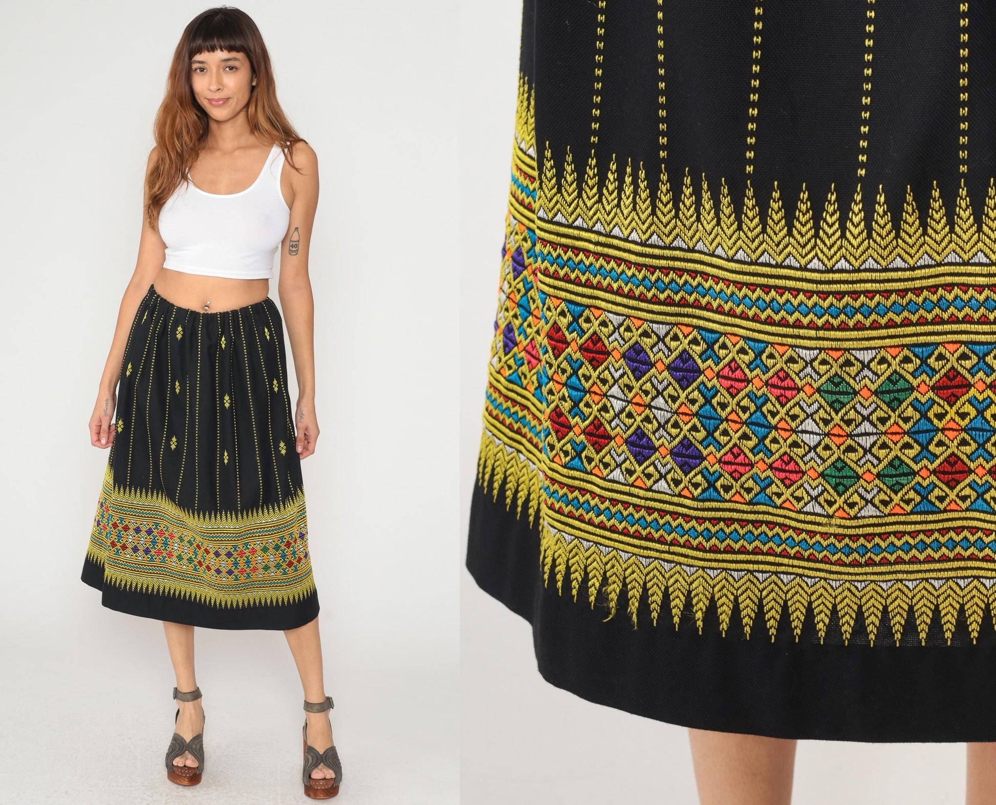 70s Black Embroidered Skirt Yellow Geometric Border Knee Length Medium