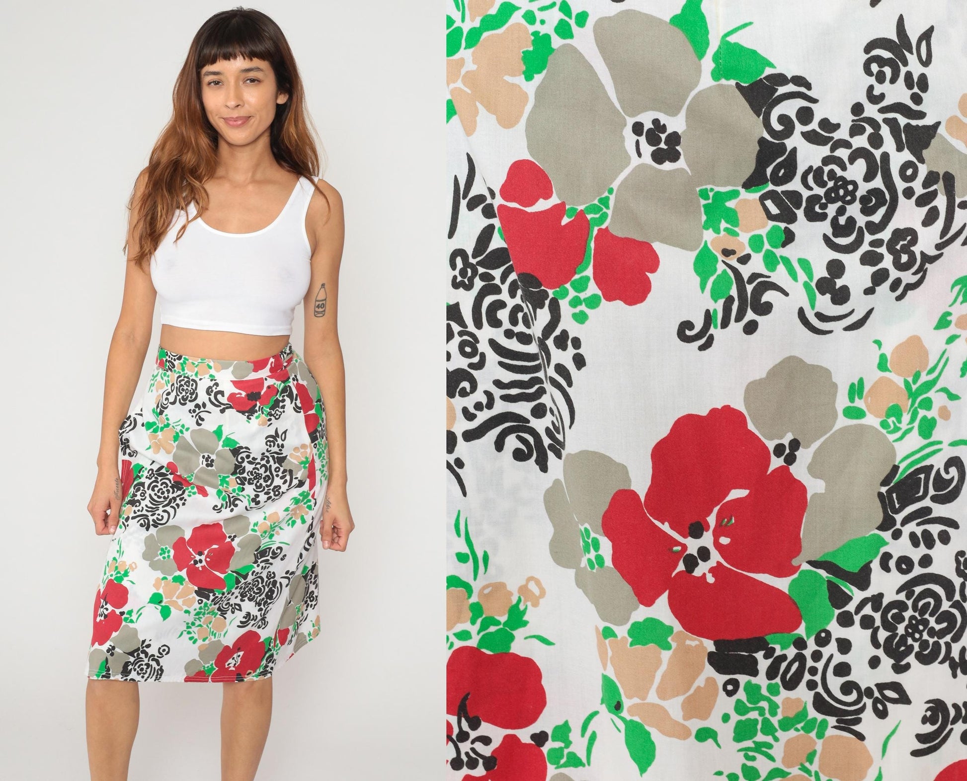80s Floral Wrap Skirt Red White Black Green Knee-Length Tie Waist Medium