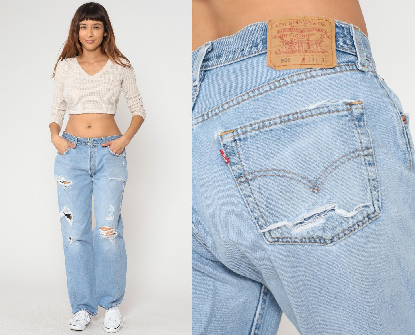 90s Levi's 501 Light Blue Distressed Denim Jeans Straight Leg 34
