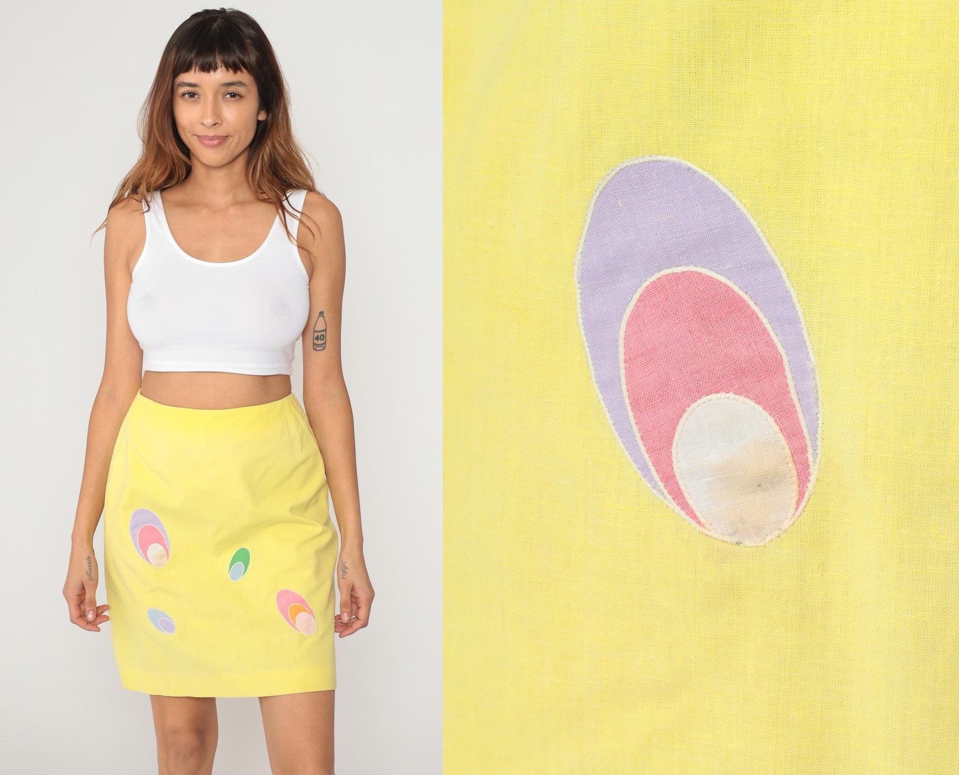 70s Yellow Mini Skirt Abstract Oval Pattern A-Line Cotton Small S