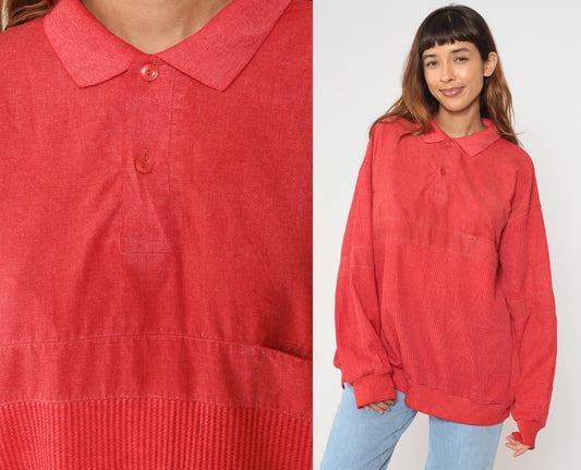90s Knightsbridge Red Polo Sweatshirt Ribbed Knit XXL