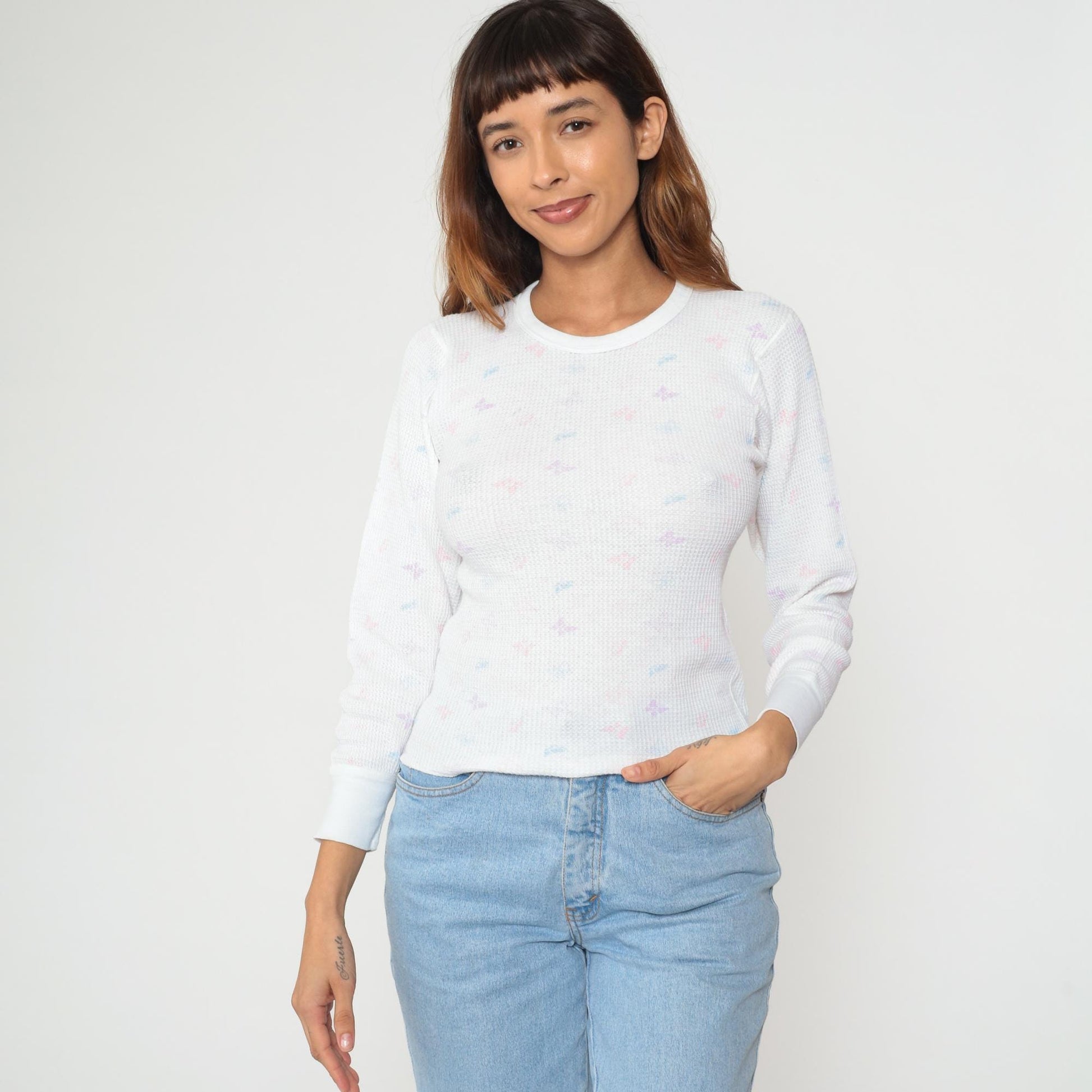 80s High Sierra Butterfly Thermal Waffle Knit Long Sleeve Tee White Medium