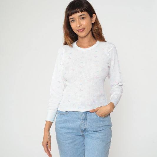 80s High Sierra Butterfly Thermal Waffle Knit Long Sleeve Tee White Medium