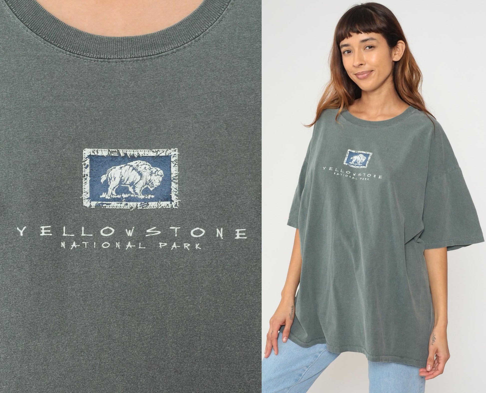 90s Fred Harvey Yellowstone National Park Bison Cotton Tee Sage Green Extra Large XL