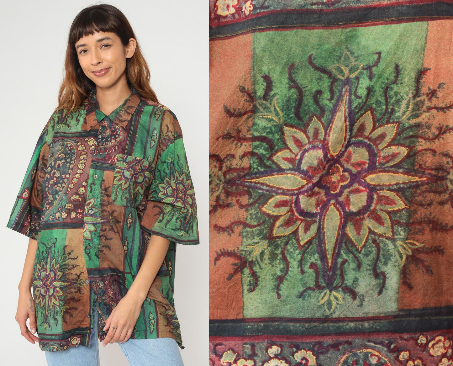 90s Barry Bricken Patchwork Floral Button Shirt Cotton Tunic Extra Large XL