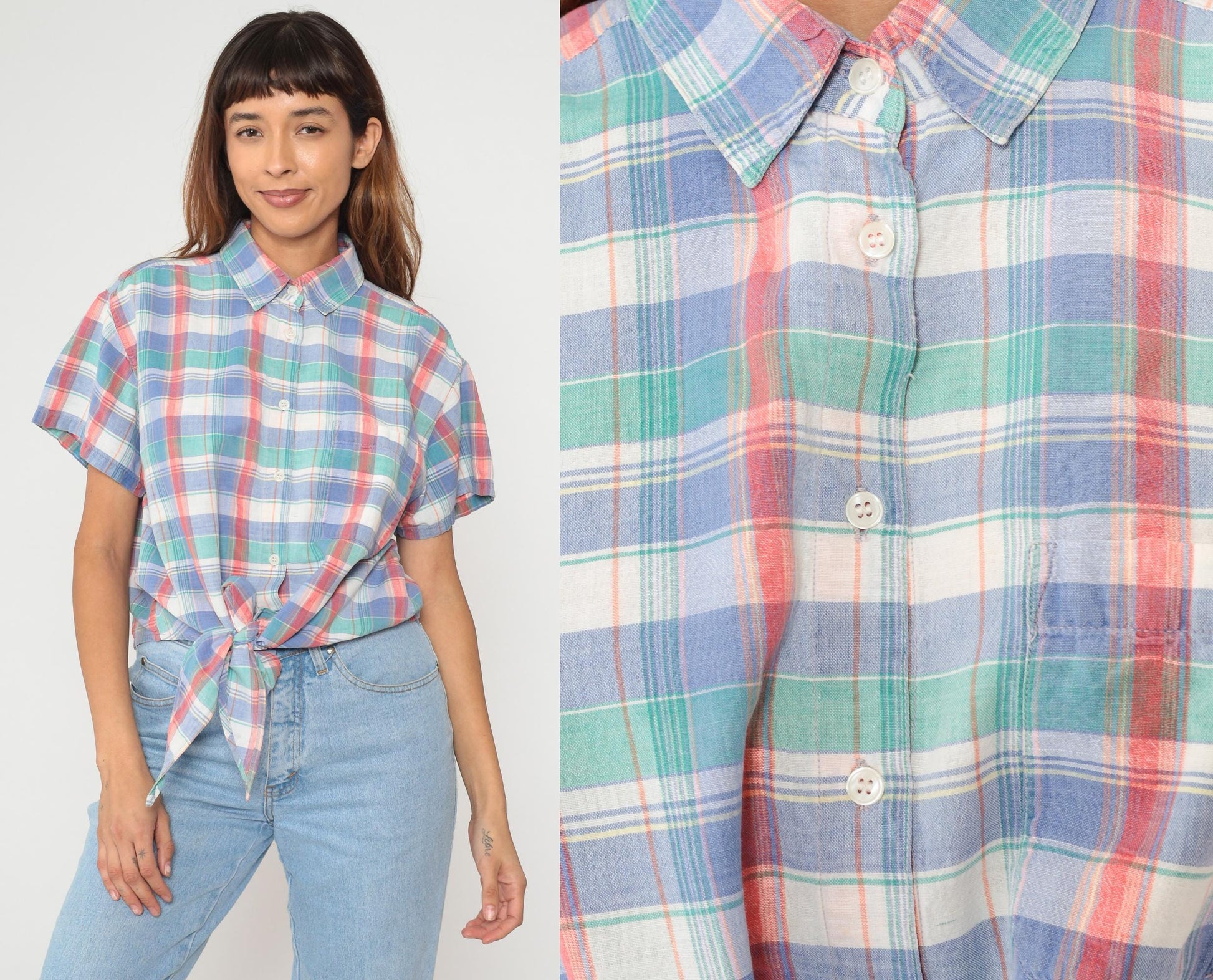 90s Sorrel Plaid Cropped Shirt Cotton Blue Green Pink White Checkered Large