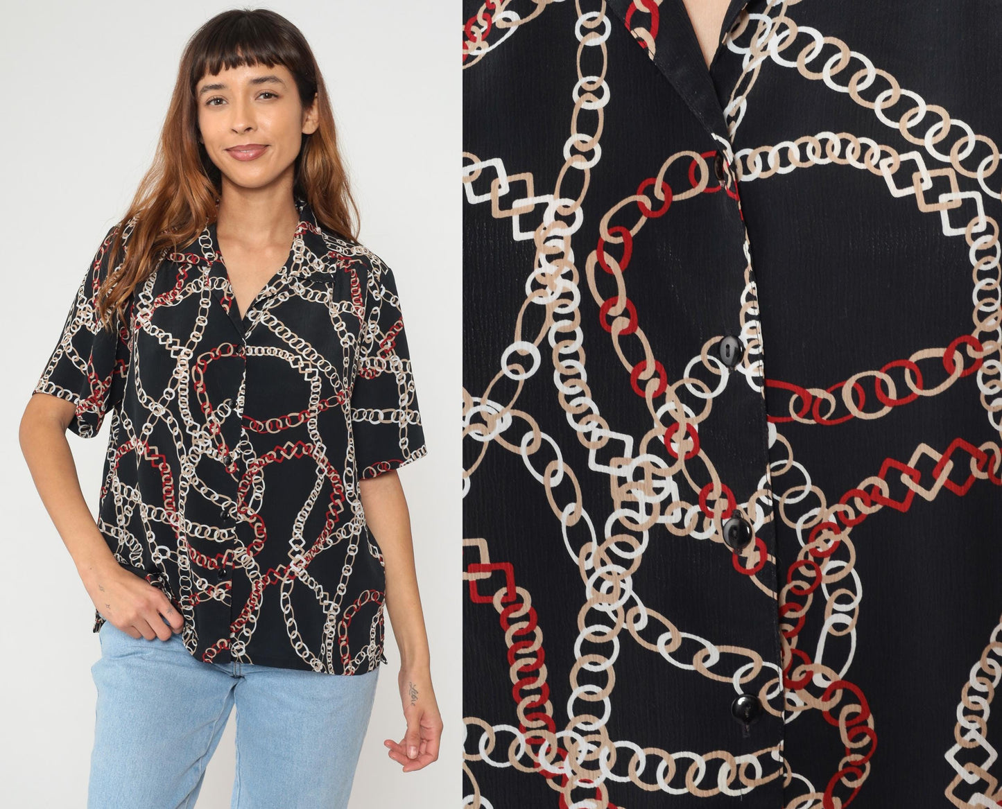 90s Donnkenny Chain Link Print Blouse Black White Red Short Sleeve Large L