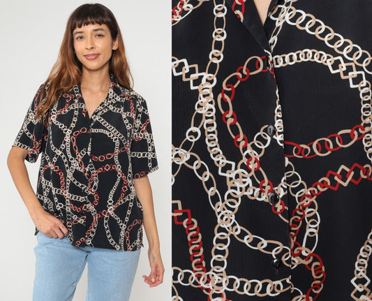 90s Donnkenny Chain Link Print Blouse Black White Red Short Sleeve Large L