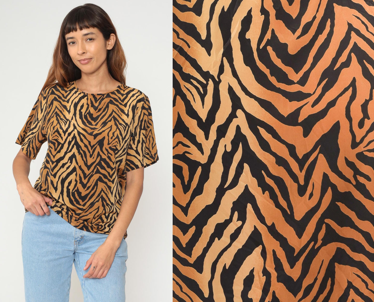 90s Kathie Lee Tiger Stripe Blouse Tan Black Short Sleeve Medium M