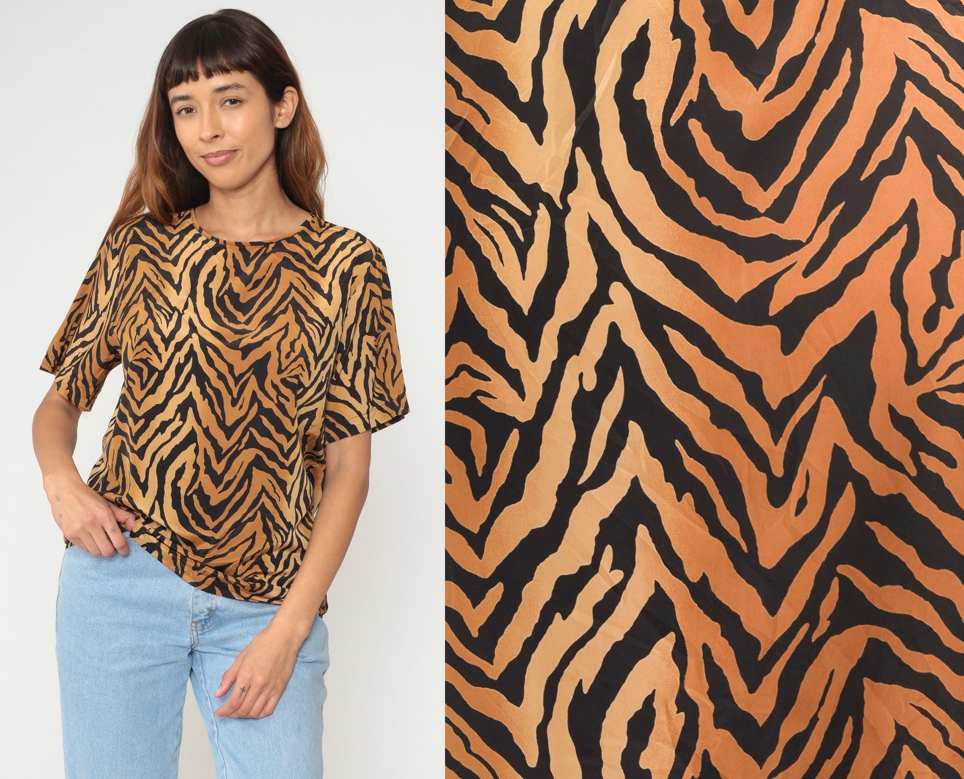 90s Kathie Lee Tiger Stripe Blouse Tan Black Short Sleeve Medium M