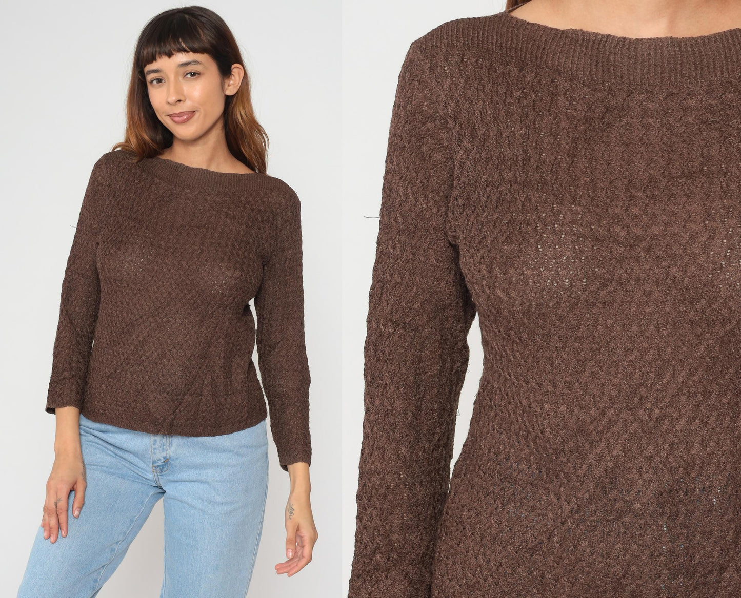 90s Brown Knit Sweater Boat Neck Coral Button Pullover Medium M
