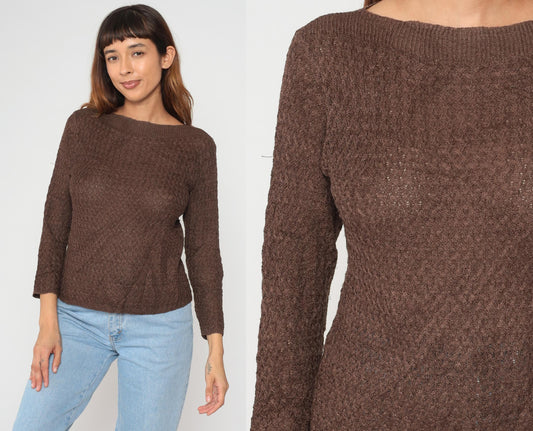 90s Brown Knit Sweater Boat Neck Coral Button Pullover Medium M