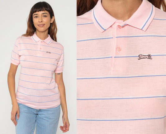 80s Le Tigre Polo Shirt Pink Blue Stripe Cotton Short Sleeve Small S