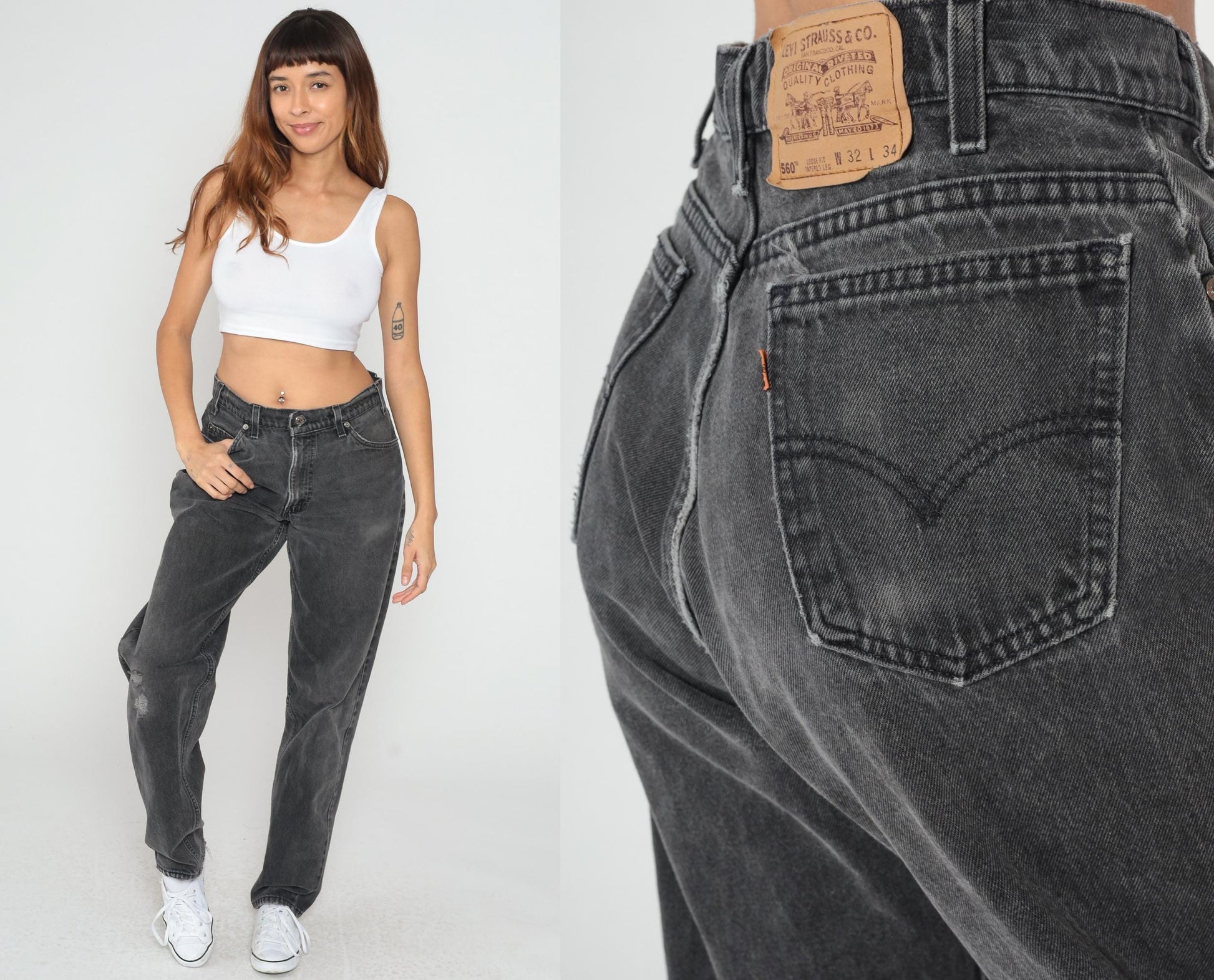 90s Levi's 560 High Waist Jeans Black Denim Faded Charcoal Large L