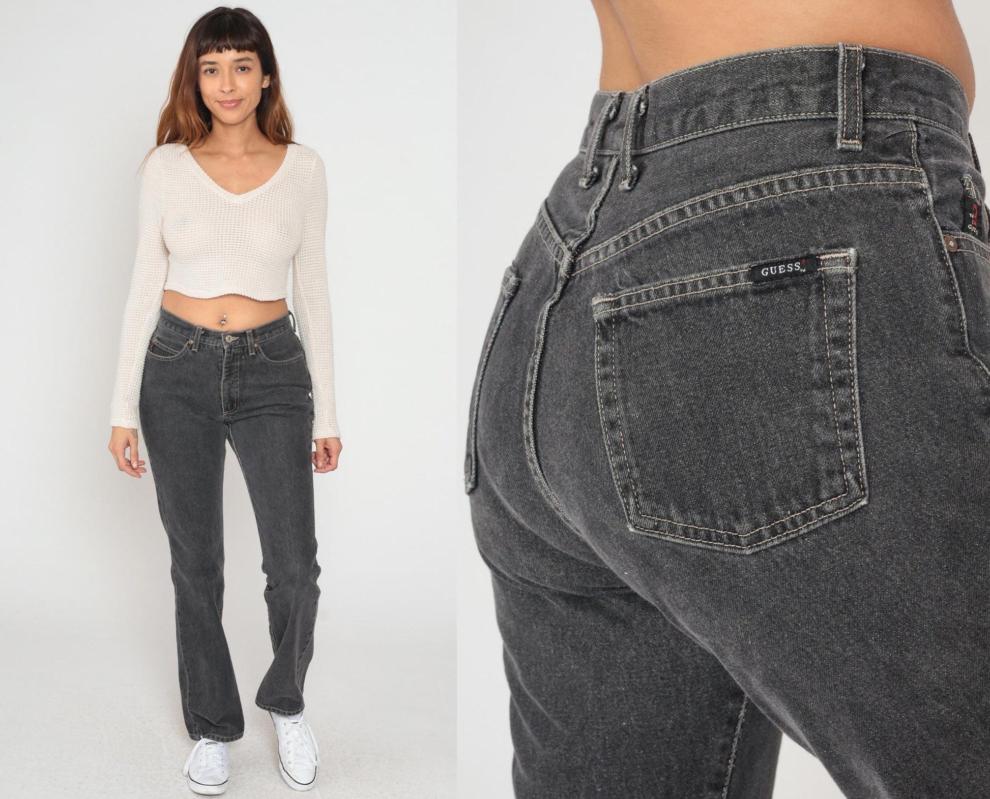 90s Guess Black Straight Leg Jeans High Waist Denim Yellow Stitching Size 29