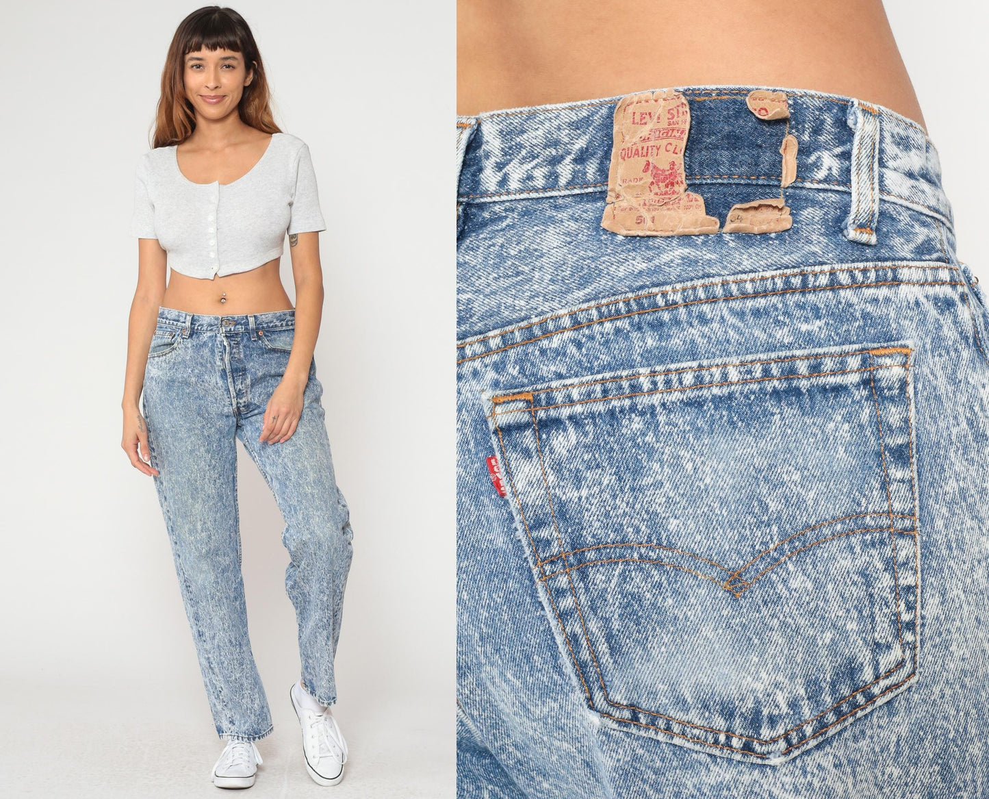 90s Levi's 501 Acid Wash Jeans High Waisted Straight Leg Light Blue Large