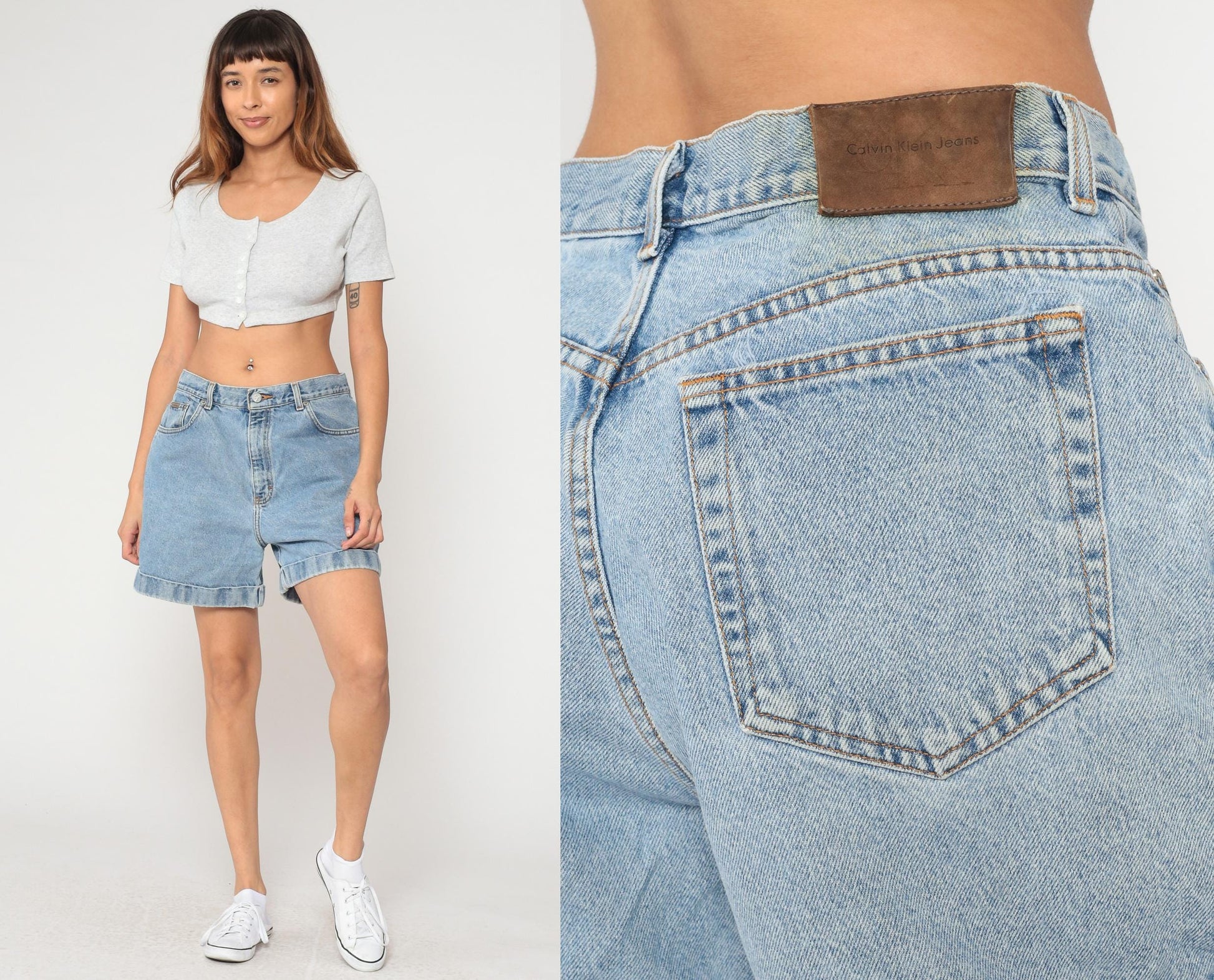 Calvin Klein 90s High Rise Denim Shorts Light Wash Blue Button Fly Large