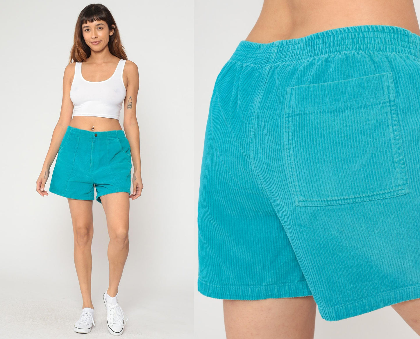 80s Turquoise Corduroy Shorts High Waisted Mini Elastic Waist Large