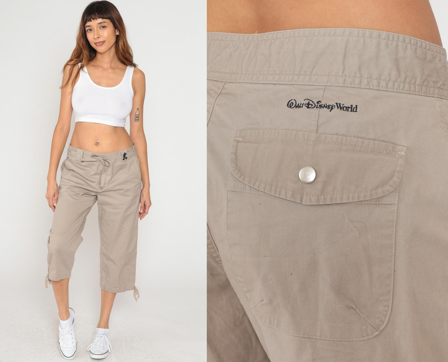Y2K Mickey Mouse Disney World Cargo Capri Pants Beige Cotton Large L