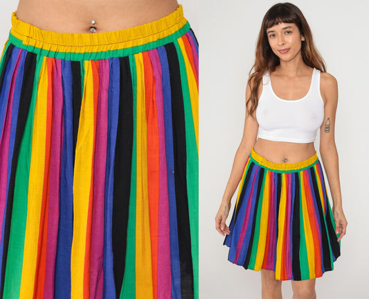 80s Rainbow Stripe Mini Skirt High Waisted Pleated Yellow Green Blue Red Medium M