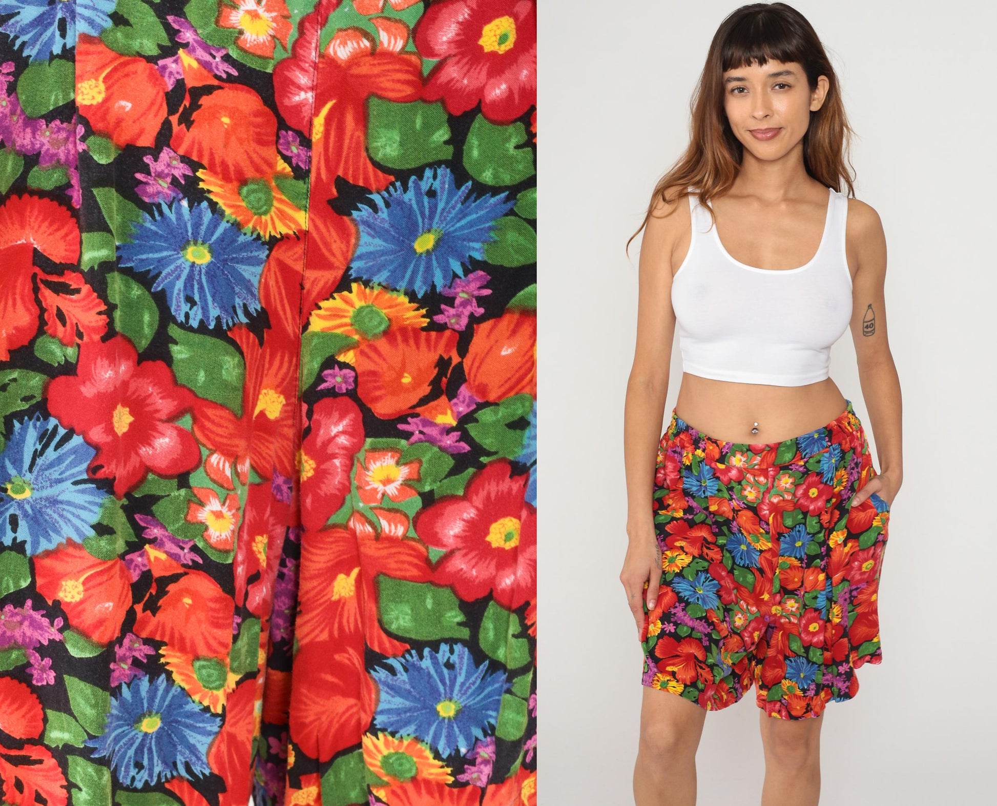 90s Tropical Floral Shorts Plus Size Hibiscus Print Black Rayon XXL