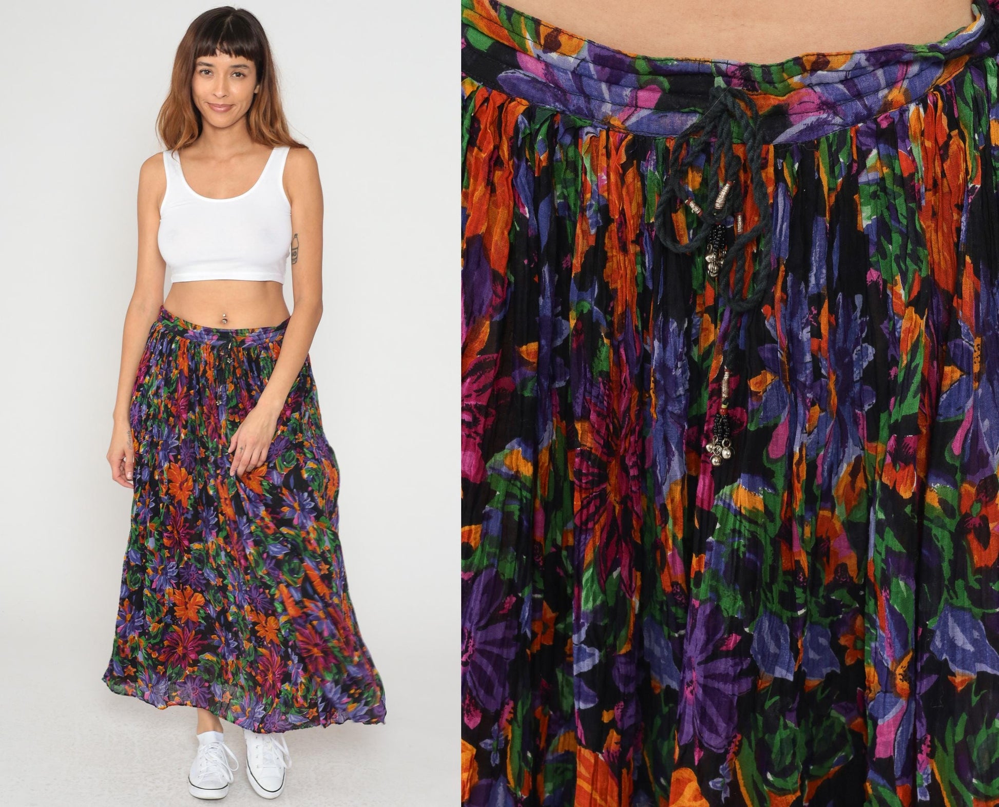 90s Short Circuit Floral Maxi Skirt Gauze Tiered Elastic Waist Medium Large