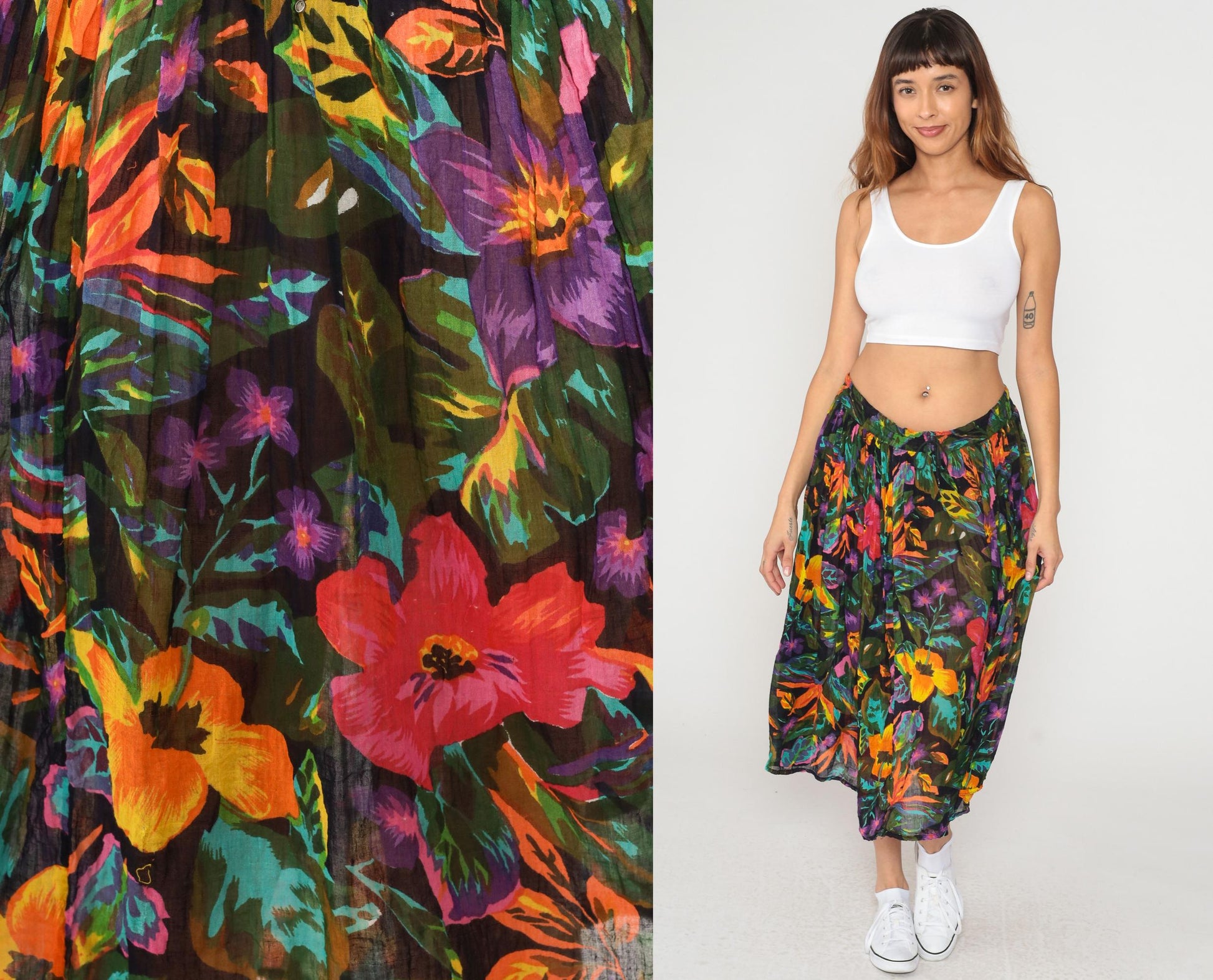 90s Tropical Floral Midi Skirt Black Pink Purple Orange Rayon Gathered Waist Medium