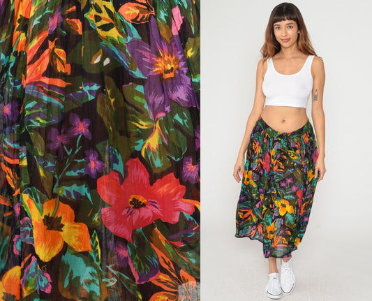 90s Tropical Floral Midi Skirt Black Pink Purple Orange Rayon Gathered Waist Medium