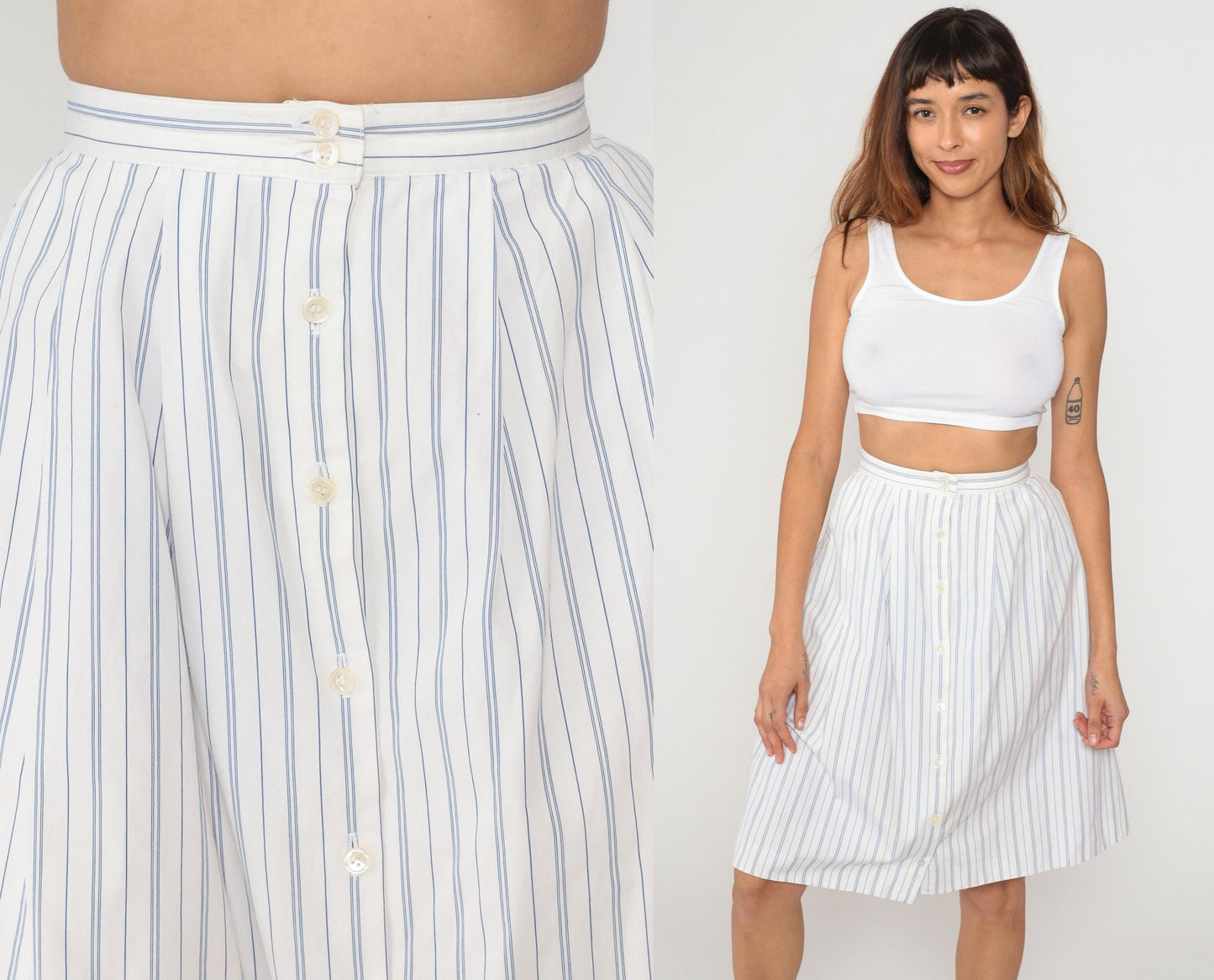 90s Hunters Run White Blue Striped A-Line Skirt Cotton Extra Small XS