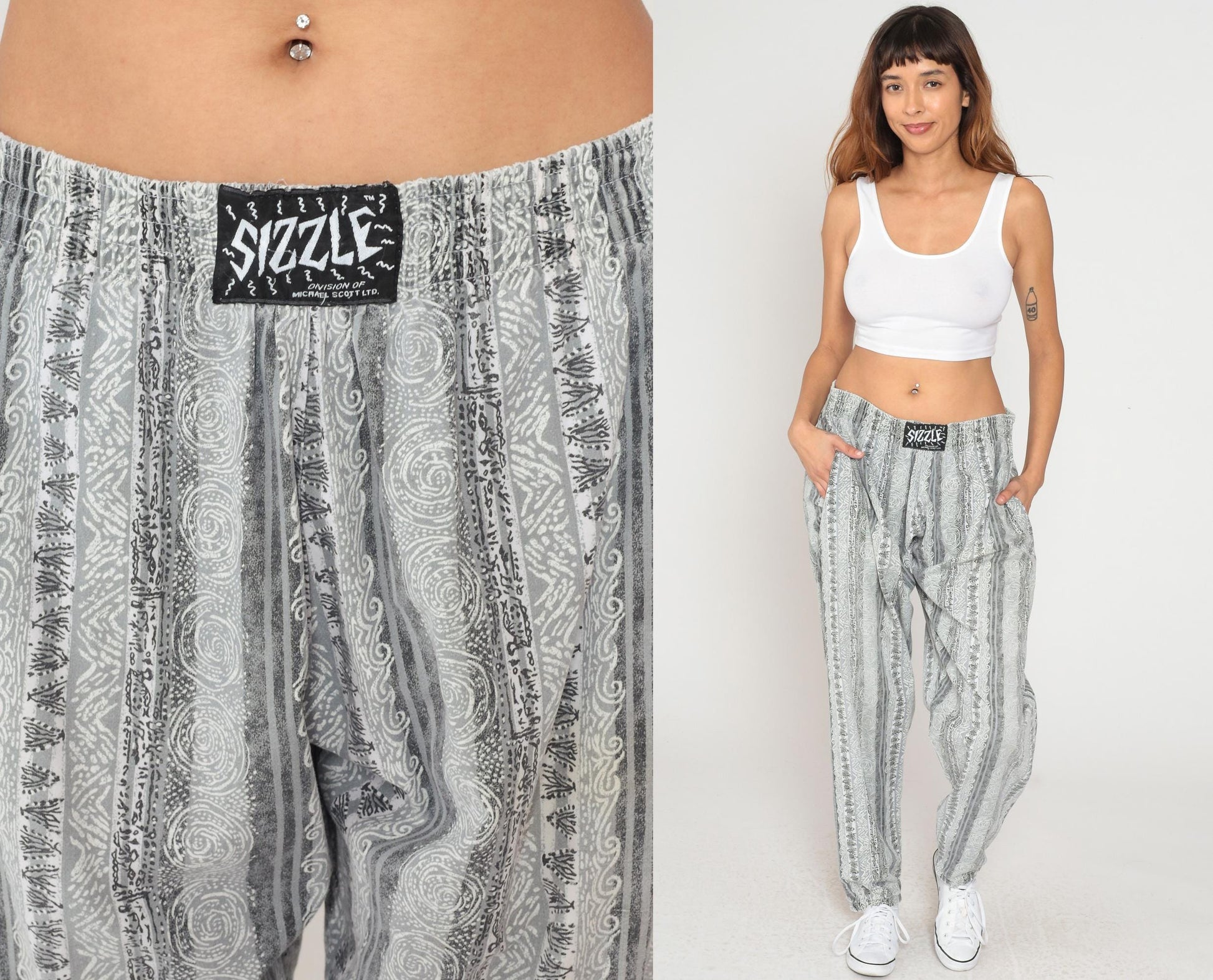 90s Sizzle Geometric Print Lounge Pants Grey White Elastic Waist Large