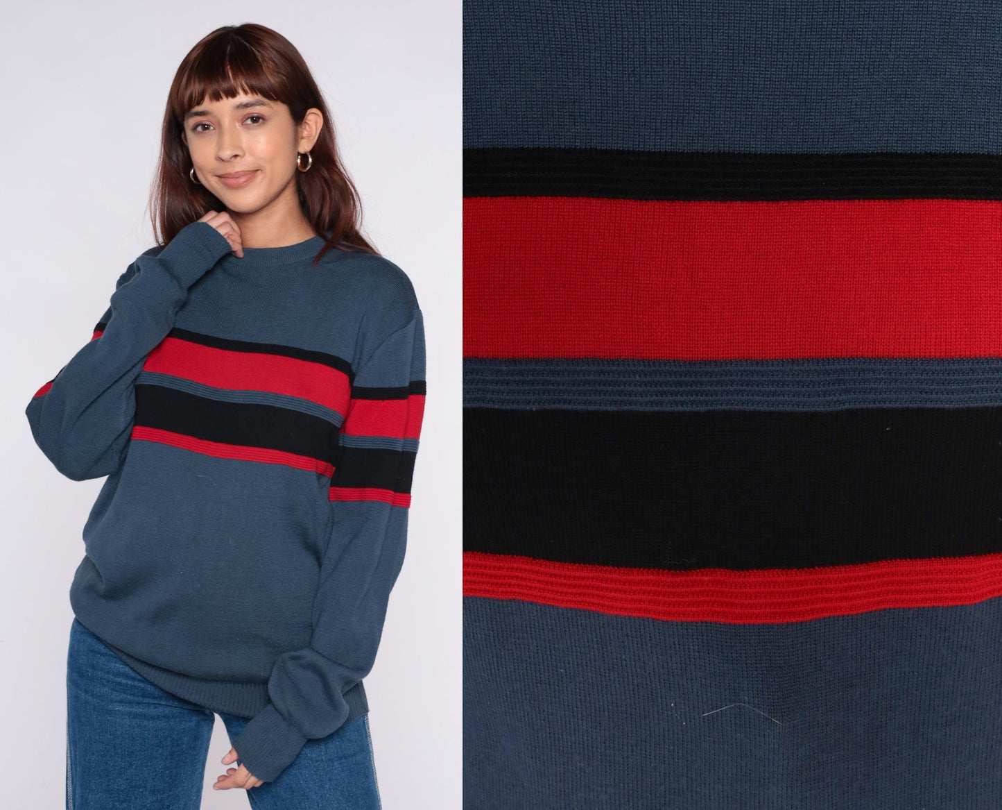 70s Meister Wool Sweater Striped Grey Red Black Crew Neck Extra Large XL