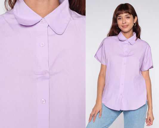 80s American Sweetheart Lavender Button Blouse Peter Pan Collar Medium M