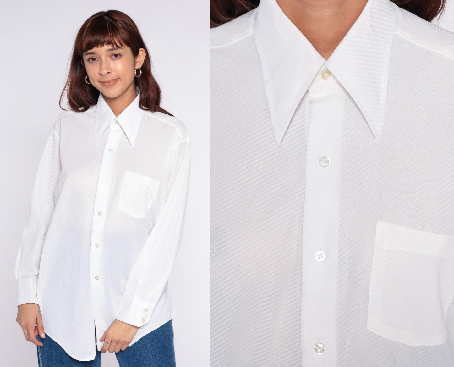 70s Montgomery Ward White Button-Up Shirt Diagonal Ribbed Long Sleeve Large