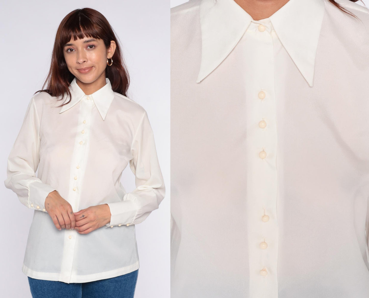 70s Cream Pointed Collar Button-Up Shirt Long Sleeve Semi-Sheer Medium