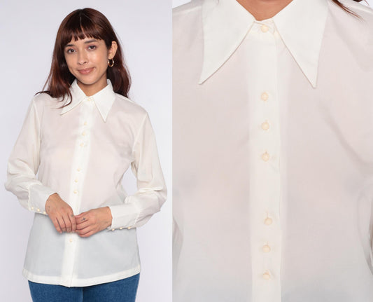 70s Cream Pointed Collar Button-Up Shirt Long Sleeve Semi-Sheer Medium