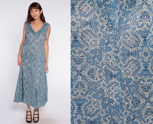 Y2K Coldwater Creek Blue Paisley Maxi Dress Plus Size Cotton V-Neck Sleeveless Extra Extra Large XXL