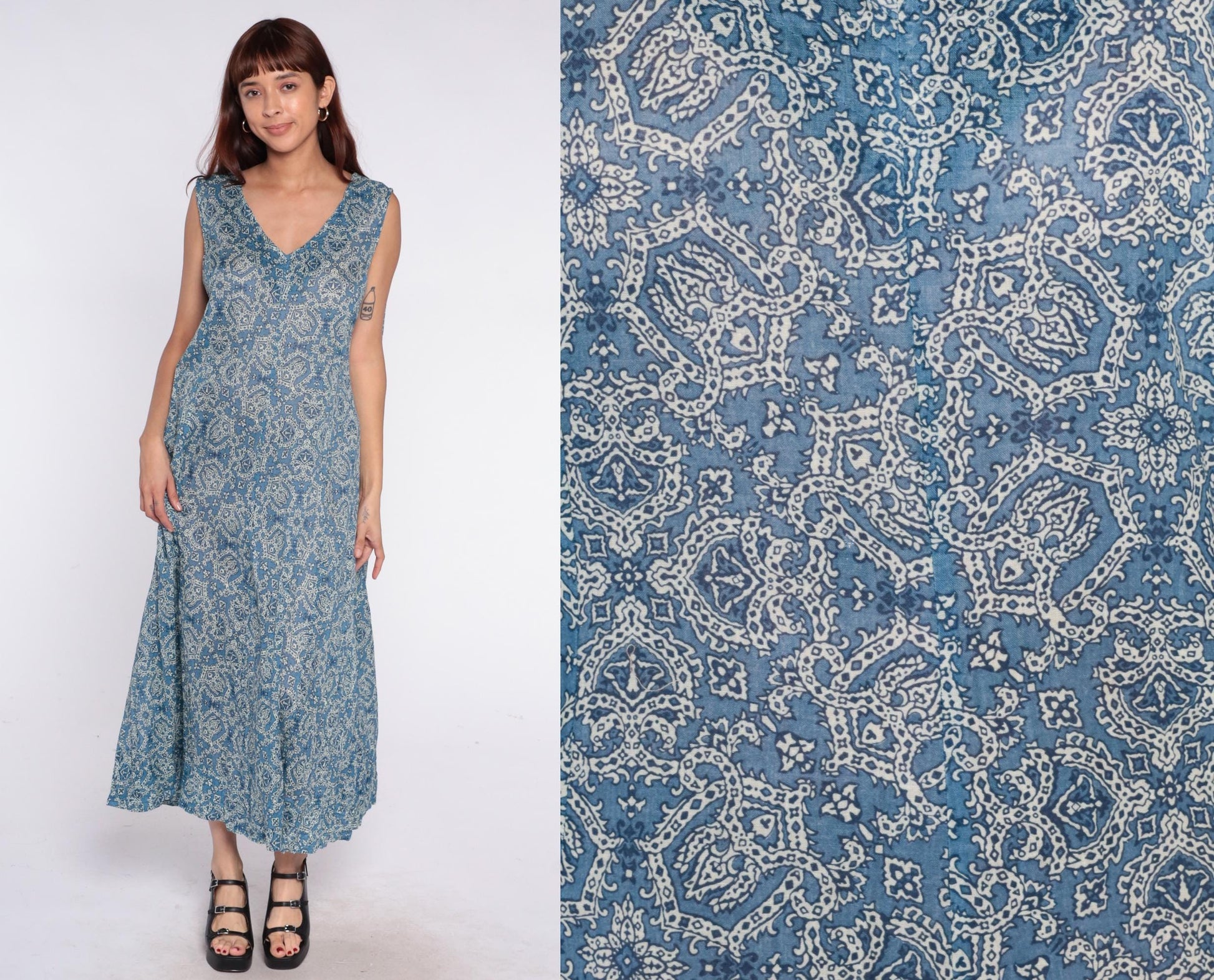 Y2K Coldwater Creek Blue Paisley Maxi Dress Plus Size Cotton V-Neck Sleeveless Extra Extra Large XXL