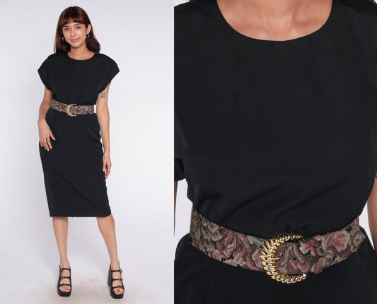 90s Black Midi Dress Crew Neck Cap Sleeve Shift Belted Medium