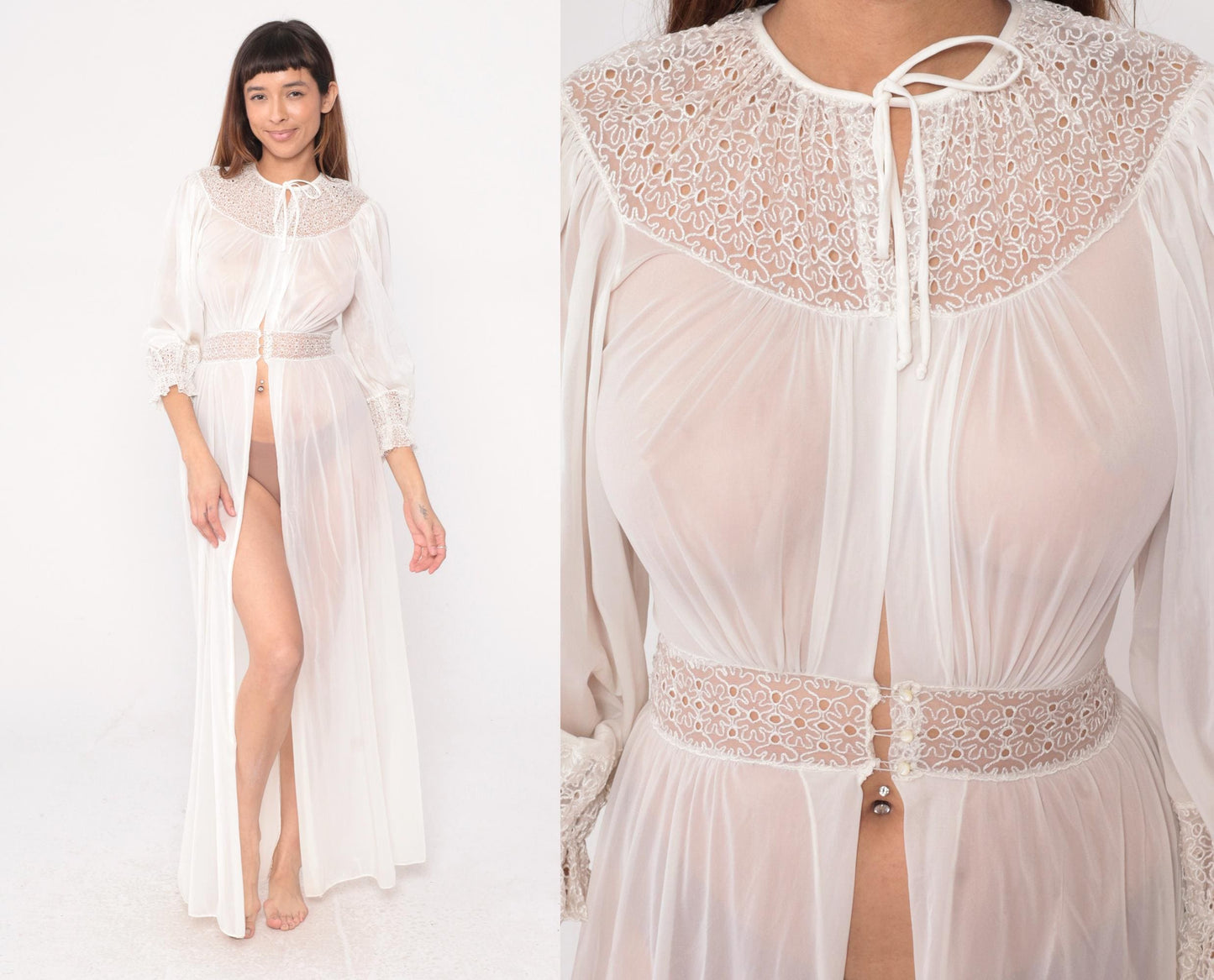 70s Lady Leonora Lace Robe Off-White Nylon Tie-Front Maxi Negligee Small