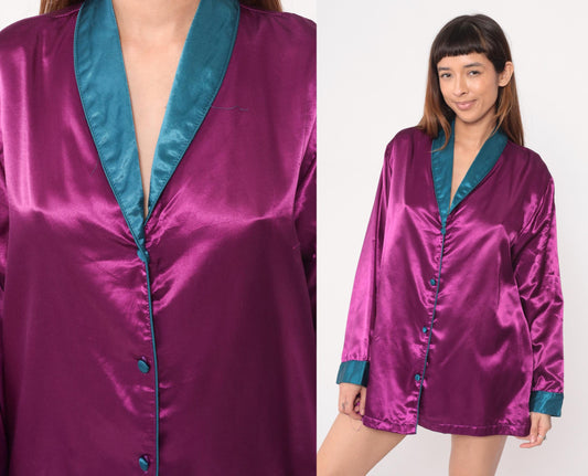 90s Purple Satin Sleep Shirt Teal Trim Button Front Tunic Large L