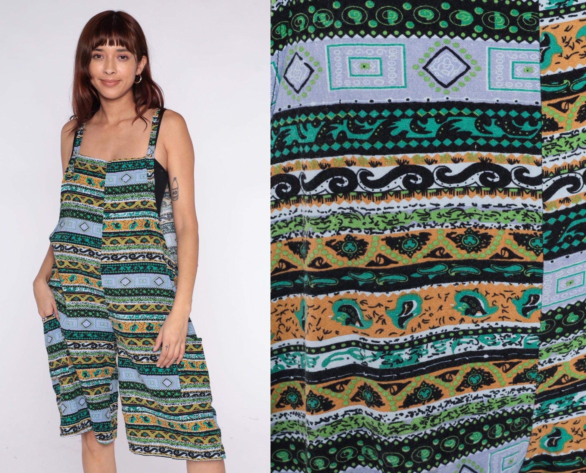 Y2K Striped Sleeveless Romper Geometric Print Teal Orange Mustard Medium