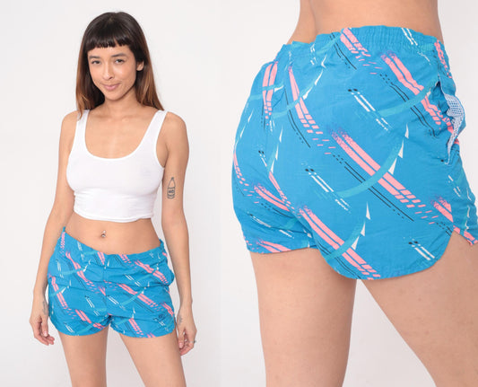 Nike 90s Athletic Shorts Blue Pink Geometric Pattern Mesh Lining Medium