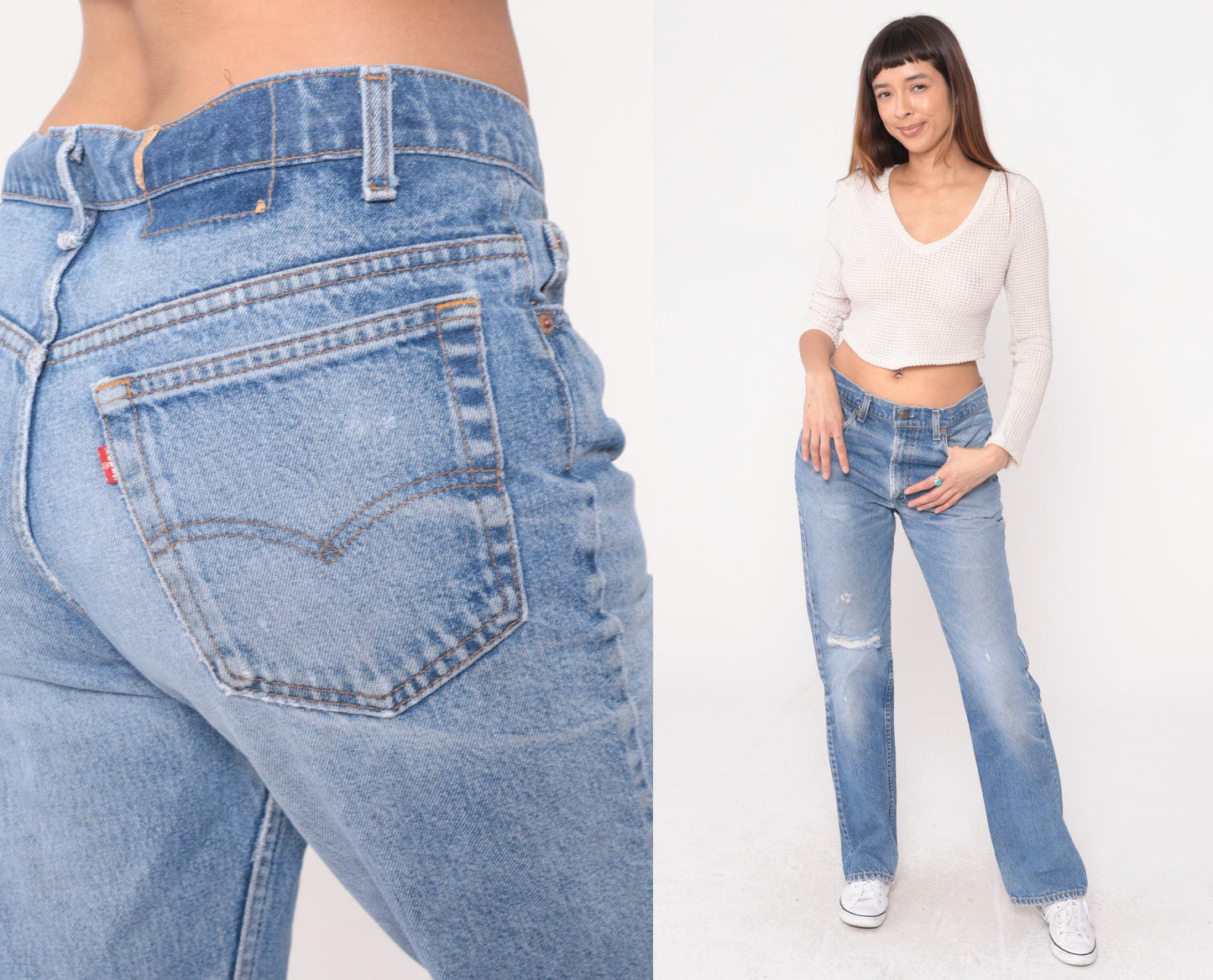 90s Levi's Light Wash Straight Leg Jeans Distressed Denim Size 32