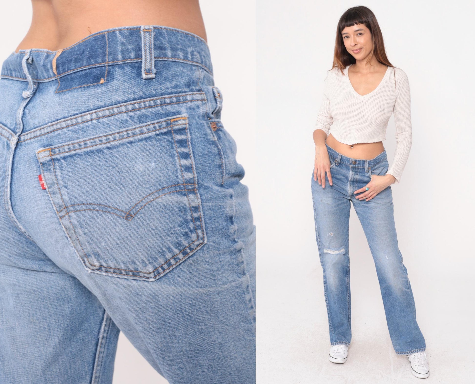 90s Levi's Light Wash Straight Leg Jeans Distressed Denim Size 32