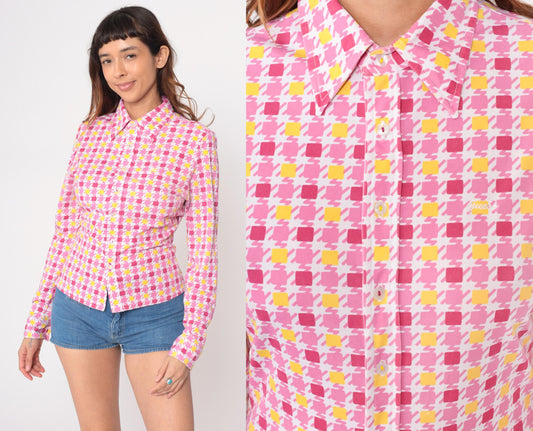 90s Guess Geometric Square Print Button Blouse Pink Yellow Small S