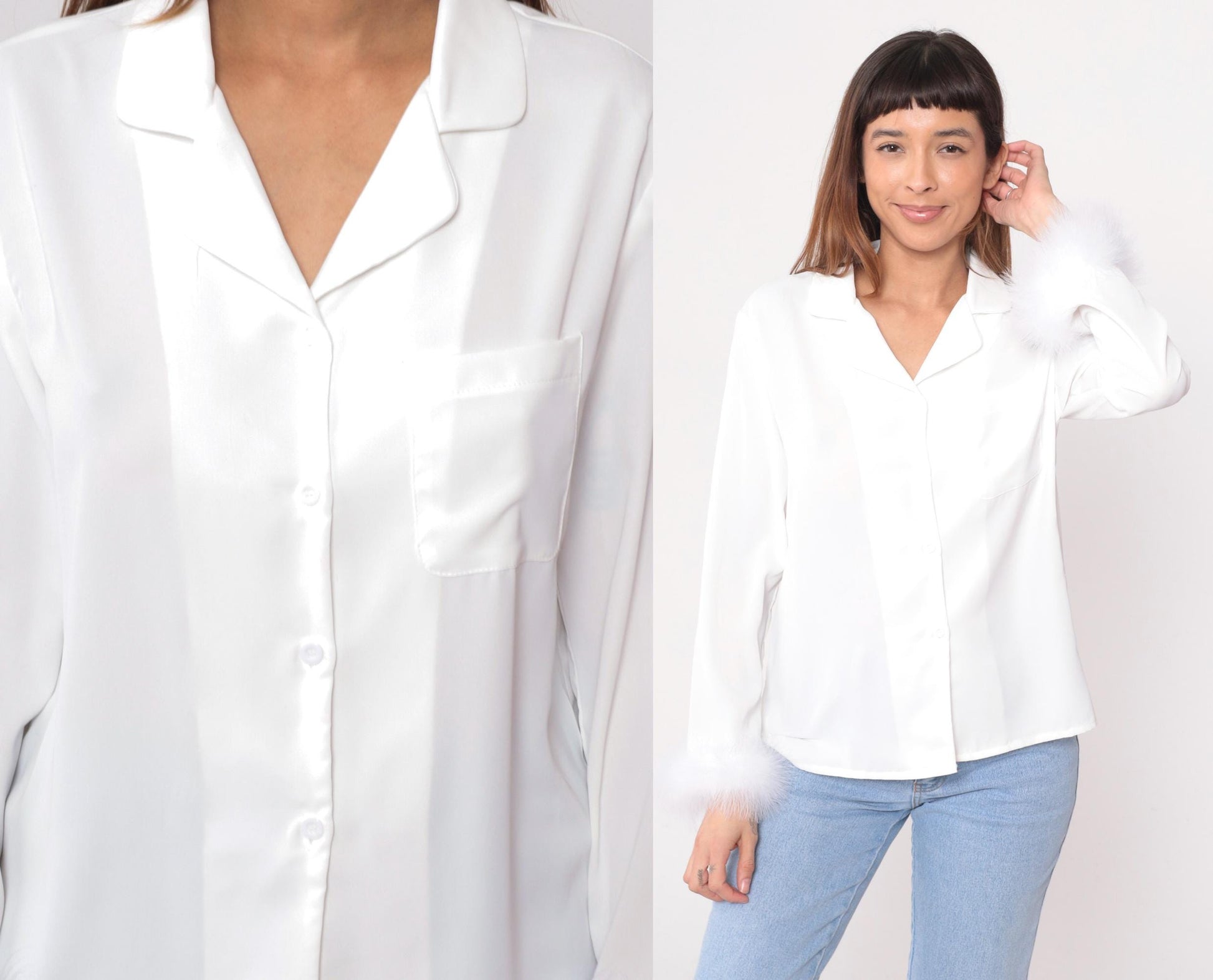90s White Feather Trim Blouse Notched Collar Button-Up Long Sleeve Medium