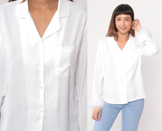 90s White Feather Trim Blouse Notched Collar Button-Up Long Sleeve Medium