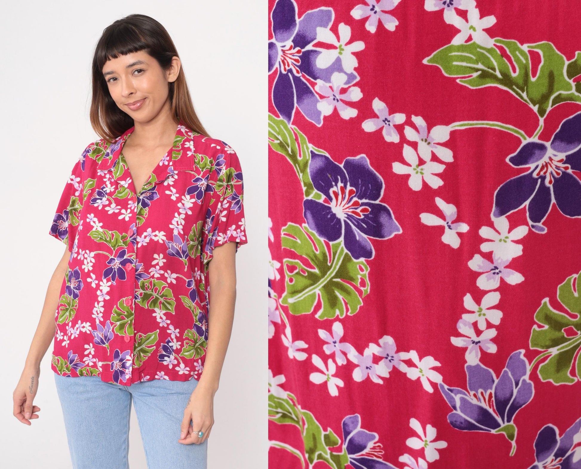 90s Basic Editions Hawaiian Shirt Fuchsia Floral Tropical Blouse Extra Large XL