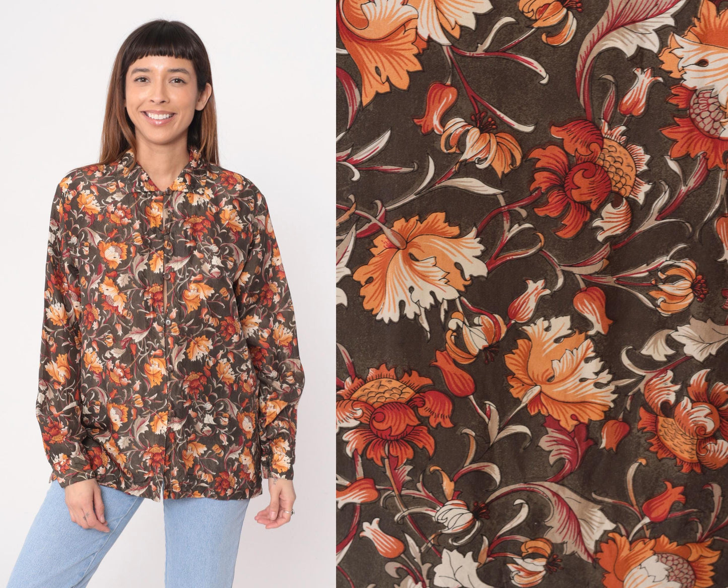 90s Silk Floral Button-Up Blouse Brown Orange Rust Cream Medium M