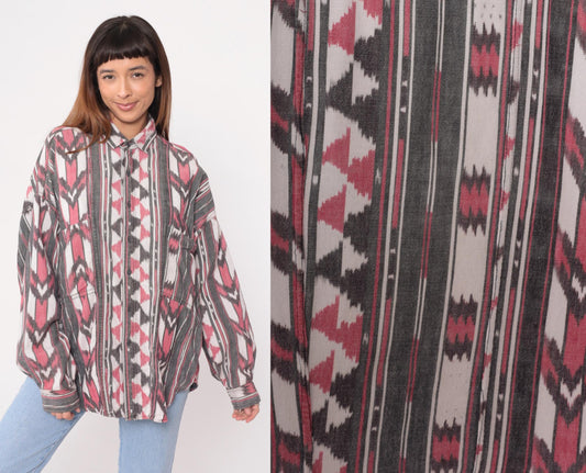 90s Laura Kiran Southwestern Ikat Button Shirt Pink Grey Cotton Extra Large XL
